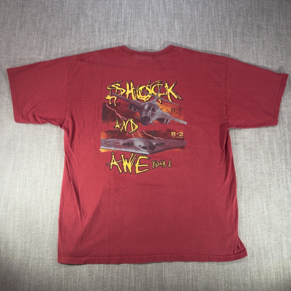 Vintage Shock And Awe Shirt Mens XL Red B-2 Bomber Air Force Tee Gildan Graphic